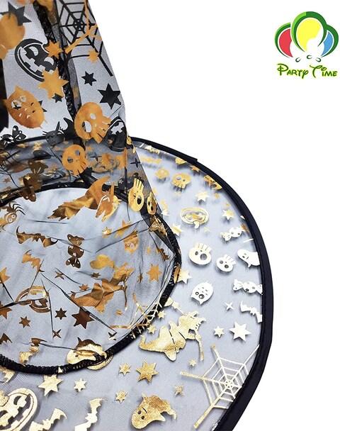 Party Time 1-Piece Black &amp; Gold Spooky Design Witch Hat, Halloween Hat For Halloween Costume Accessories - Halloween Party Supplies