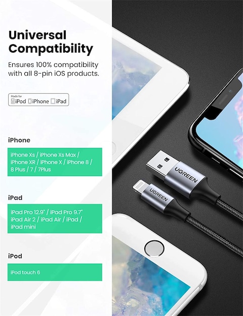 UGREEN USB-A to Lightning MFI Cable Alu Case with Nylon Braided   1m BK