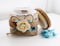 Burlap Lace Glass Jar Beige with Flower Design 13cm
