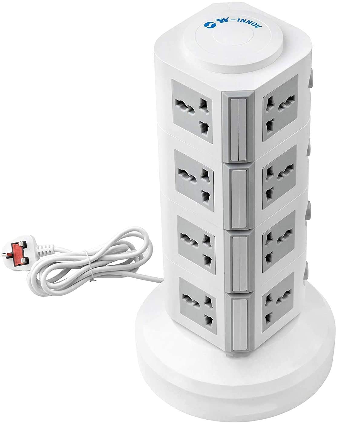 Ntech - Universal Vertical Multi Socket 220V Tower Extension Electrical Outlet Lead With USB Ports 3M Cord And Uk-Plug Power Strip Multi Charging Station (4 Layers Multi Plug With USB Port, (Gray)