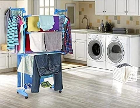 Three Tier Movable Foldable Steel Cloth Drying Stand with Wheels Laundry Rack Stand