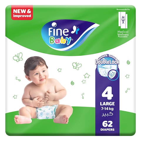 Fine Baby Diapers Mega Large Size 4, 7-17 kg 62 Pieces