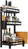 3 Tier Metal Kitchen Spice Rack Countertop Standing Corner Shelf Removable Seasoning Organizer Jars Bottle Storage Knife Utensils Holder with 3 Hooks, Black
