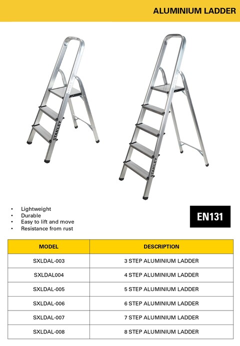 STANLEY Step Ladder, 6 Steps Aluminum Ladder with Non-Slip Rubber Edge Guards &amp; 150 KG Loading Capacity - EN131 Approved
