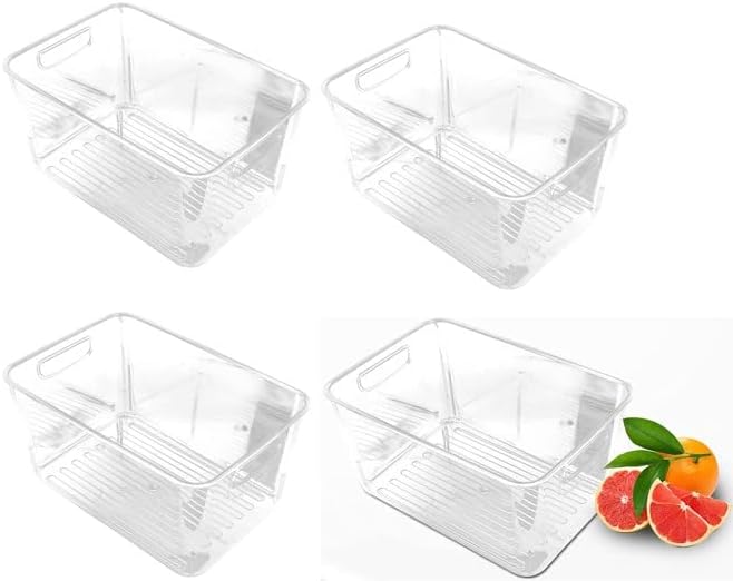 Atraux Medium Clear Plastic Stackable Refrigerator Bins, Portable Transparent Storage Containers With Handle (4 Pcs)