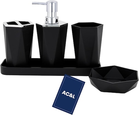 AC&amp;L Bathroom Accessories Set, 5 Pcs Plastic Bathroom Counter Vanity Set, Liquid Soap Dispenser, Toothbrush Holder, Soap Dish, Q tips Tumbler, Vanity Tray, Modern Bathroom Decor Organizer (black)