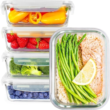 Mimelon Glass Meal Prep Containers, Airtight Glass Food Storage Containers With Lids, Kitchen Storage Containers, Glass Lunch Containers, 5 Pack, 38oz