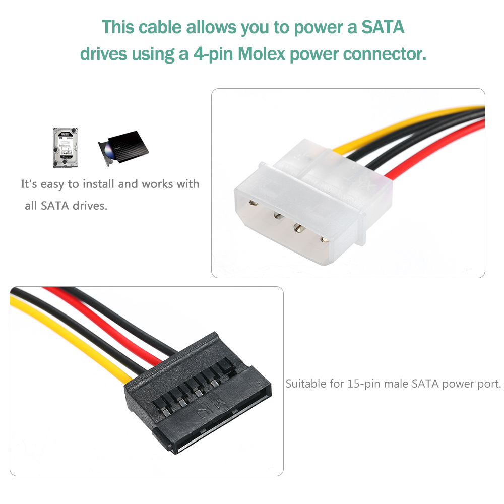 Generic-6-Inches 4-Pin Molex to 15-Pin SATA Power Connector Adapter Cable 5Pcs