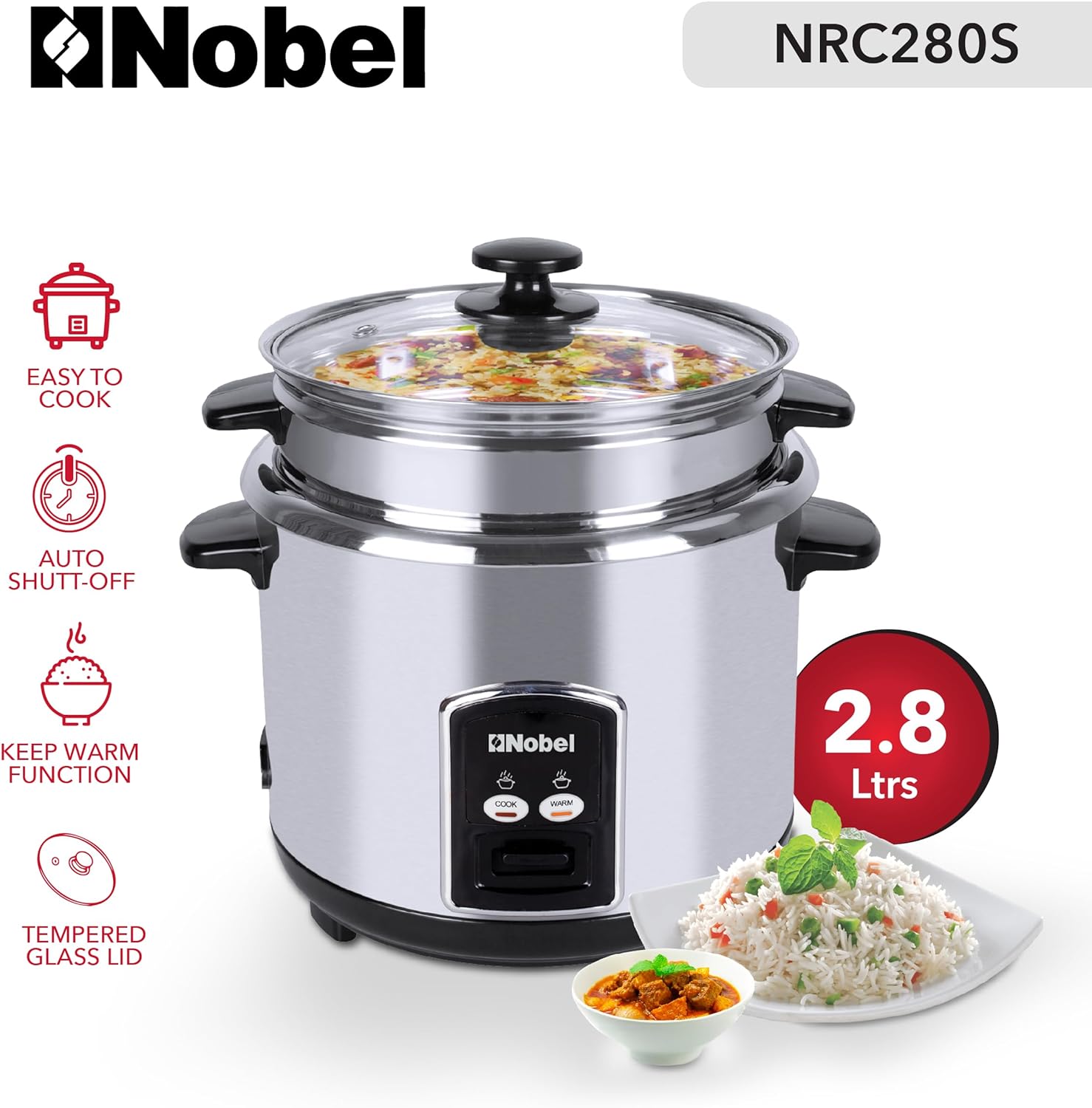 Nobel Rice Cooker, Stainless Steel, 2.8 Litres, NRC280S, Tempered Glass Lid