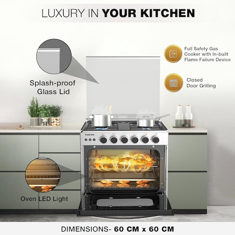 Nikai Freestanding Gas Cooker, 4 Burner, 60X60cm, Auto Ignition, Double Glass Oven Door for Close Door Grilling with Turnspit, Glass Lid &amp; Oven Lamp, Stainless Steel Finish, U6068FSE1, Silver