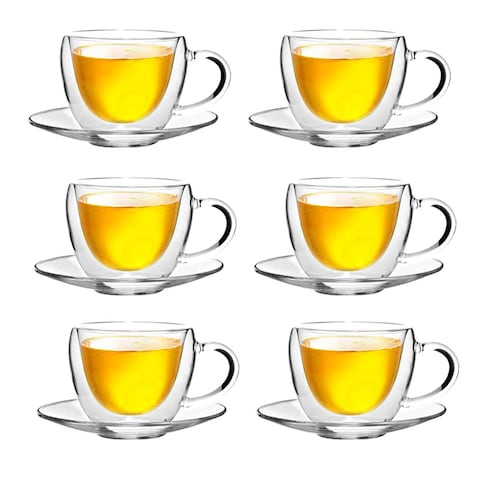 LIYING Double Wall Glass Teapot Set Combined With  Teapot 1 x 600ml ,1 Candle Warmer ,  Clear Classic designedTeacups and Sauce [6 x 120ml], Heat-resistant Stovetop Dishwasher Safe Teapot with Removab