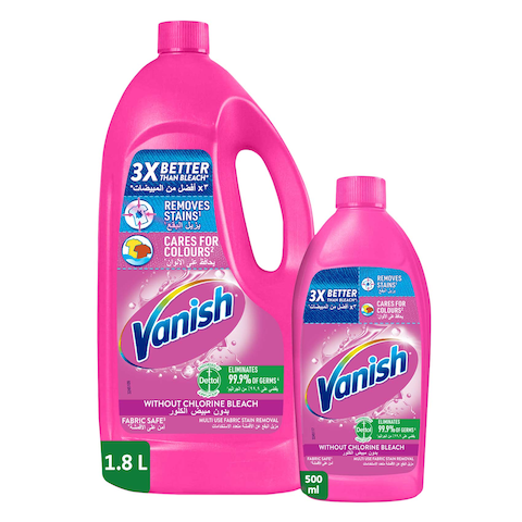 Vanish Laundry Stain Remover Liquid for White &amp; Colored Clothes, Can be Used with or without Detergents &amp; Additives, Ideal for Use in the Washing Machine, 1.8 L and 500 ml, Pack of 2