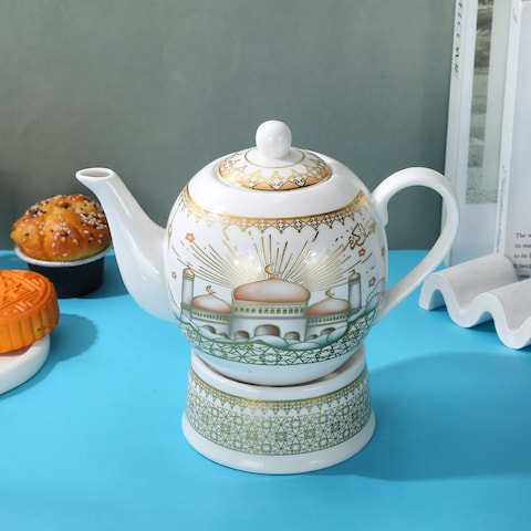 Lihan Ramdan Gold Coarted Design Ceramic Teapot With Candle Warmer, Ramadan Decorations For Table For Tea, Coffee, Milk