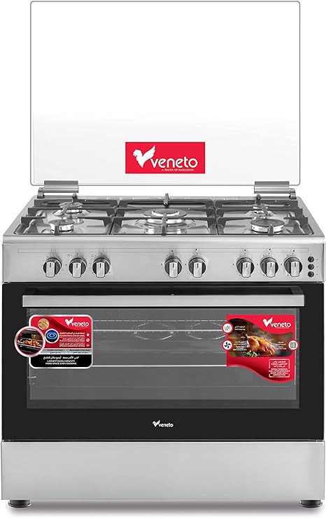 Veneto 90cm 5 Burner Gas Cooker with Convection Fan, Thermostat Control, Closed Door Grilling, Made in Turkey - VG96CCF