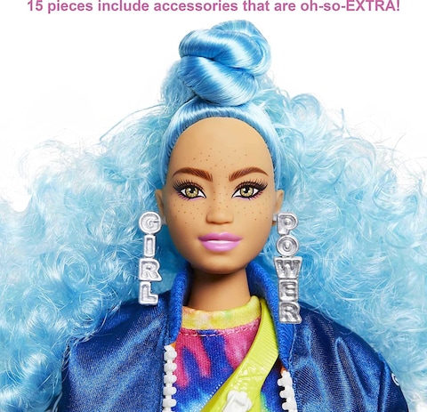 Barbie Extra Doll #4, Curvy, In Zippered Bomber Jacket With 2 Pet Kittens, Extra-Curly Blue Hair, Layered Outfit &amp; Accessories Including Skateboard, Multiple Flexible Joints, Gift For Kids