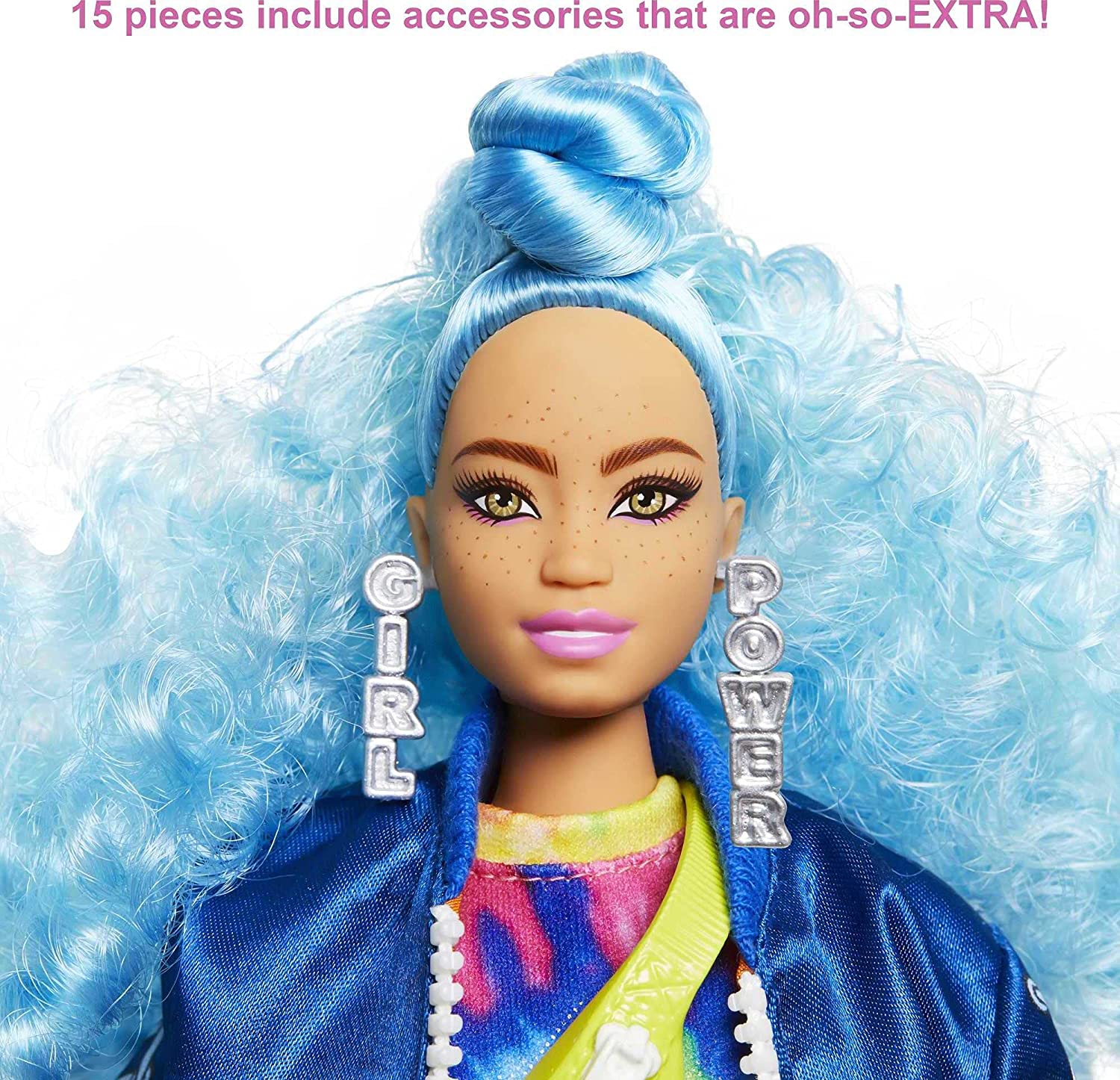 Barbie Extra Doll #4, Curvy, In Zippered Bomber Jacket With 2 Pet Kittens, Extra-Curly Blue Hair, Layered Outfit &amp; Accessories Including Skateboard, Multiple Flexible Joints, Gift For Kids