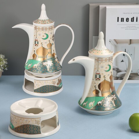 Ramadan Design Arabic Coffee Pot ceramic, Healthy and Extremely Heat Resistant with Candle Warmer, with ramadan design ，gold and green color(L-30*W-7*H-15.5 CM)