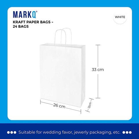 Markq White Paper bags with handles 33 x 26 x 12 cm Large Kraft Gift bags for Birthday Party Favors, Weddings, Bridal Shower, Businesses (12 Bags)