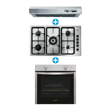 Indesit Built-In Gas Hob, 5 Burners - 90 cm + Built-In Oven - 60 cm + Hood - 90cm