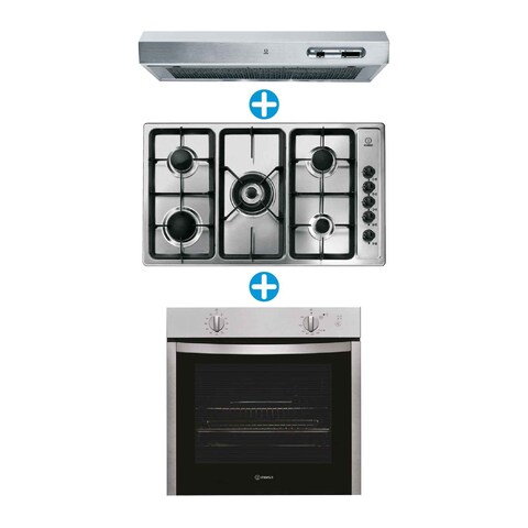 Indesit Built-In Gas Hob, 5 Burners - 90 cm + Built-In Oven - 60 cm + Hood - 90cm