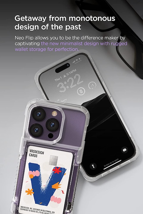 VRS Design Neo Flip designed for iPhone 14 PRO case cover wallet [Semi Automatic Snap door] Credit card holder Slot [2 cards] - White Crystal