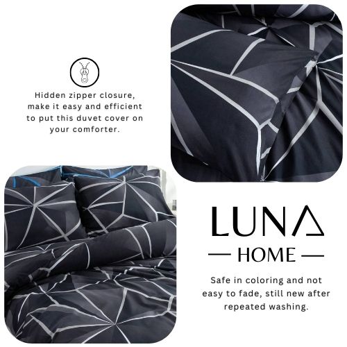 Luna Home Queen Size 6 Pieces, Black With Grey Geometric Design Duvet Cover Set