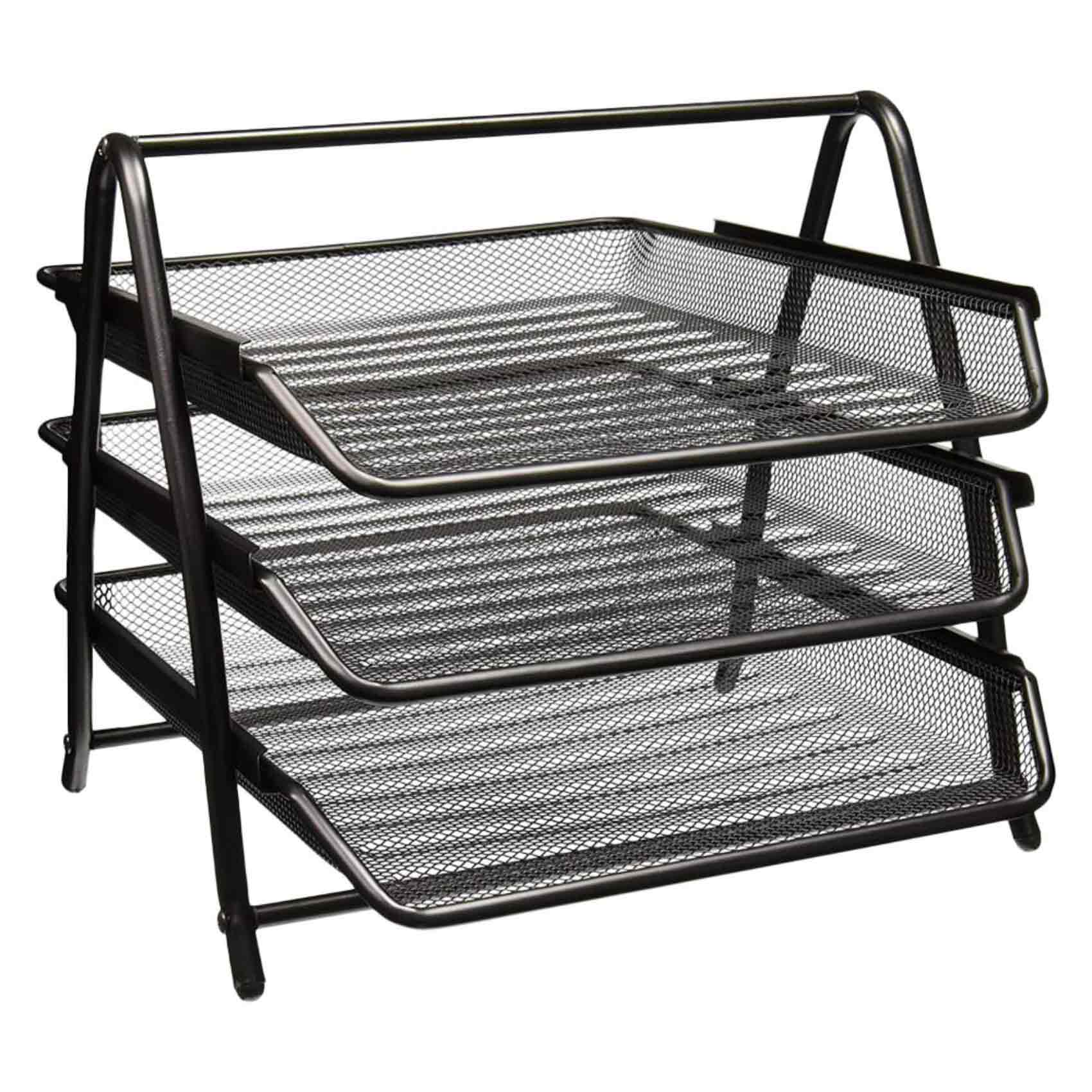 3 Tier Front Load Letter Tray - A4 Size Desktop Organizer For Office Documents (Black)