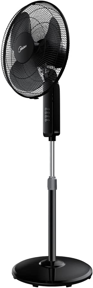 Midea Pedestal Stand Fan With SQD Motor, 16 Inch, 3D Oscillation Directions, 3 Speed Levels &amp; Adjustable Height, 5 Leaf Blade With 7.5 Hours Timer, Best For Home &amp; Office, Black, FS4019K