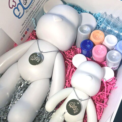 DIY CREATE YOUR OWN UNIQUE ACRYLIC FLUID POURING PAINT MONEY SAVING BEAR (13 inch - 33 cm) COMPLETE SET, Colors: White, Light-Pink, Silver, Light-Blue, Gold, Fun Creative Gift