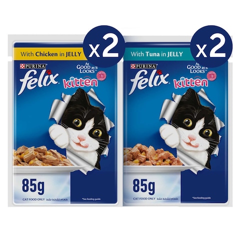Purina Felix As Good As It Looks with Chicken and Tuna in Jelly Kitten Wet Food, 85g Pack of 4