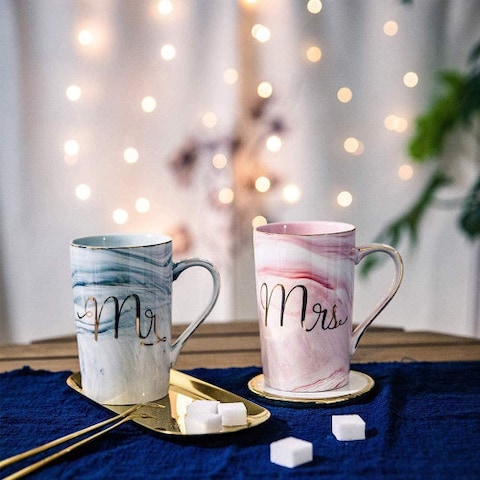 Dreamons Link Mr and Mrs Coffee Mugs - Wedding Gift  -Ceramic Marble Cups 14 oz