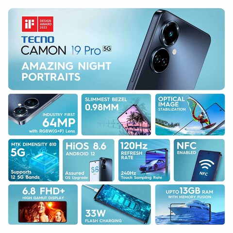 Tecno CAMON 19 Pro, 6.8&quot;, 256GB + 8GB,4G LTE,5000mAh