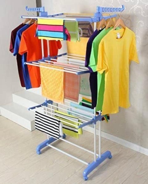Three Tier Movable Foldable Steel Cloth Drying Stand with Wheels Laundry Rack Stand