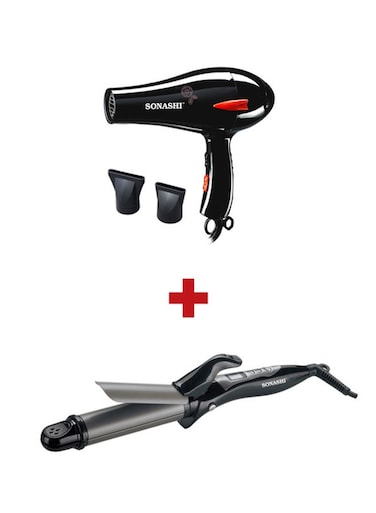 جهاز فرد وتجعيد الشعر 2 في 1 من سوناشي مع مجفف شعر احترافي بقوة 2000 واط، SHD-3009 + SHC-3005، أسود / رمادي