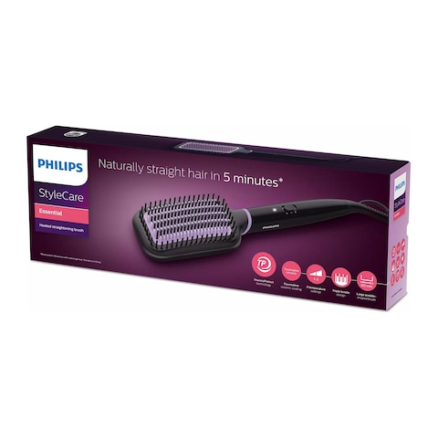 Philips Heated Straightening Brush, Tourmaline Ceramic Coating, 2 temperature settings, 3 Pin, BHH880/03, Black/Purple