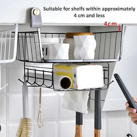 COZY NEST Hanging Shelf Storage Kitchen Organizer Basket,Under Cabinet Slide-in Wire Rack With 8-Hooks For Towels/Knives/Key/Cups/Tissue for Laundry,Room