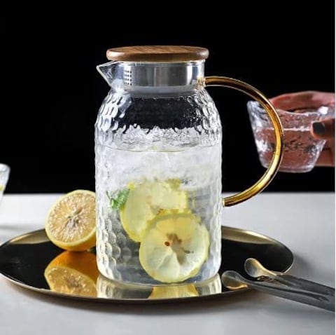 1Chase Heat Resistant Borosilicate Glass Water Pitcher With Bamboo Lid And Stainless Steel Strainer For Tea, Coffee, Juice And For Daily Use,1800 ml (Only Pitcher).