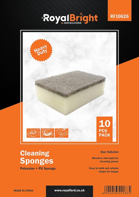 Royalford Royalbright Heavy Duty Cleaning Sponges- RF10626 Scrub Pads For Kitchen Sink &amp; Bathroom 2 In 1 Cleaning Supplies Premium-Quality Ideal For Dish Wash Multi-Purpose, Pack Of 10, White &amp; Grey