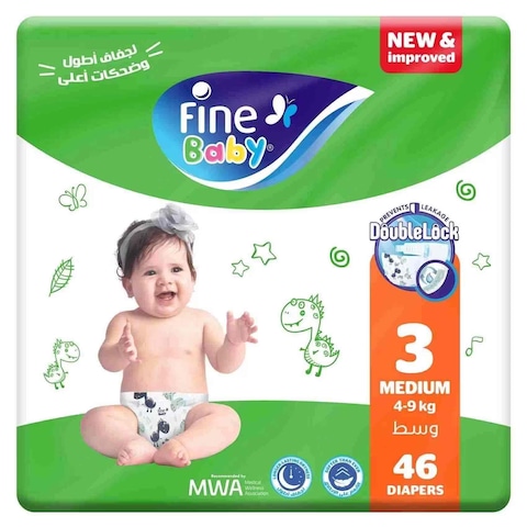 Fine Baby Diapers Size 3 Medium 4-9 Kg Doublelock Pack Of 46 Diaper