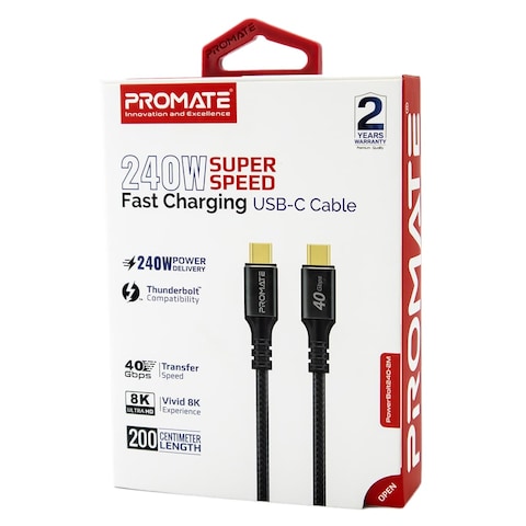 Promate POWERBOLT240-2M 240W Super Speed Fast Charging USB-C Cable 2 Meter