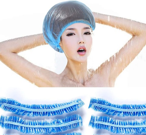 Na Disposable Shower Cap, 100 Pcs Shower Caps, Waterproof Blue Plastic Elastic Hair Bath Caps, For Women Kids Girls, Hotel And Hair Solon, Travel Spa, Home Use (Blue)