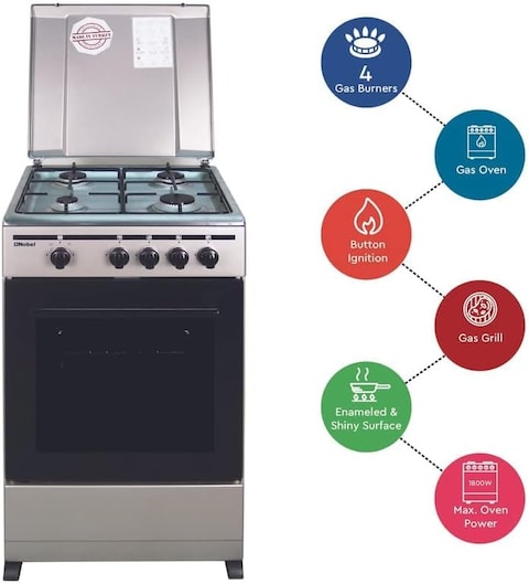 Nobel 50 x 50 Gas Cooker, 4 Gas Burners, Gas Oven With Grill Function, Enamel Grids Lid Stainless Steel Top, Made in Turkey NGC5000 Silver
