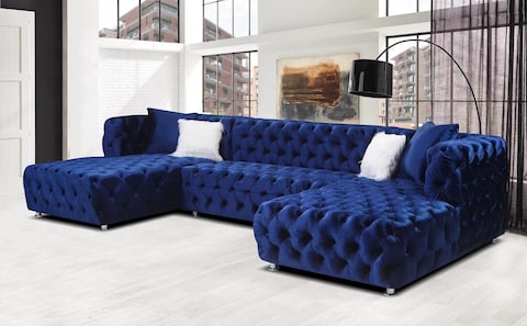 Vintage Designed Comfortable Fabric Chesterfield Sofa Couch American Hot-Sale Living Room U-Shape Button Tufted Upholstered Sofa(blue)