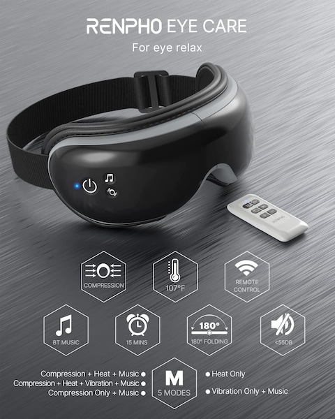 Renpho Eye Massager With Heat And Vibration, Remote Control, Compression Bluetooth Music Temple Eye Massage Mask Rechargeable For Relax Eye Strain Dark Circles Eye Bags Dry Eyes Improve Sleep, Black
