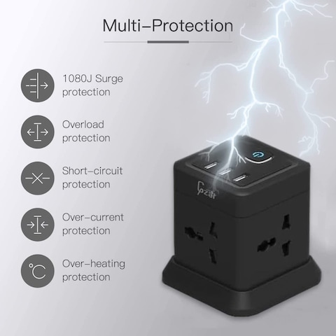 Gzar Tower Extension Cord Power Strip Cube/Lead with 4 Outlets Sockets and 3 USB Ports   5 Ft/1.5M Power Cord Phone &amp; Desktop Charging Station, Compact Portable For Travel, Home &amp; Office (Black)