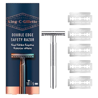 King C. Gillette Double Edge Safety Razor With 5 Platinum Coated Blades Silver 6 PCS