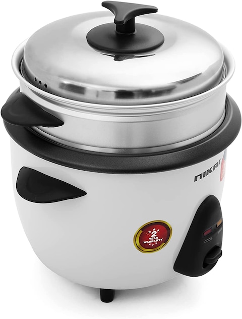 Nikai 1 Liter 2 In1 Non-Stick Rice Cooker With Steamer, 400W, Keep Warm Function, NR701A, White (6 Months Warranty)