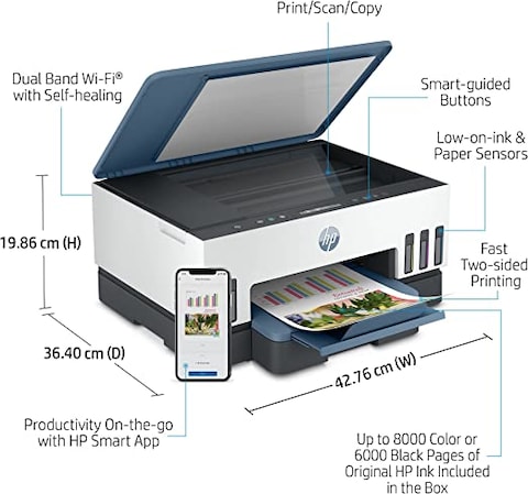 HP Smart Tank 725 All-in-One Printer wireless, Print, Scan, Copy, Auto Duplex Printing, Print up to 18000 black or 8000 color pages, White/Blue&nbsp; [28B51A]