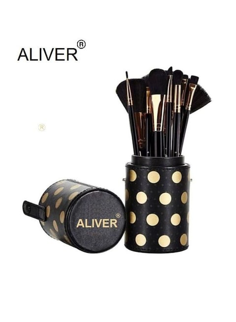 Aliver مجموعة فرش دوت كولكشن متعددة الاستخدامات مكونة من 11 قطعة مع حقيبة تخزين أسود / ذهبي