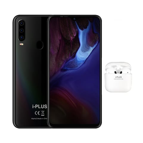 آى بلس ألفا 3 - موبايل 6.3 بوصة 128 جيجابايت/6 جيجابايت بشريحتين اتصال الجيل الرابع - أسود مع سماعات لاسلكية